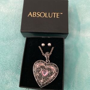 Silver Heart Necklace and Earring set with Pink Gem NWOT